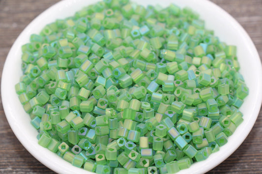 Matte Square Glass Seed Beads, 4mm Cube Glass Beads, Frosted Green AB Square Seed Beads, Iridescent Glass Beads, Beading Supplies #2097