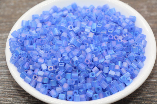 Matte Square Glass Seed Beads, 4mm Cube Glass Beads, Frosted Blue AB Square Seed Beads, Iridescent Glass Beads, Beading Supplies #2105