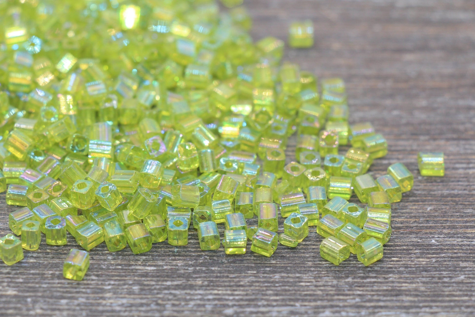 Iridescent Square Glass Beads, 4mm Cube Glass Beads, Sparkle Glass Bead, Transparent Lime Green AB Square Seed Beads, Beading Supplies #2125