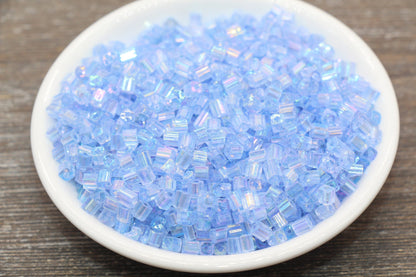 Iridescent Square Glass Beads, 4mm Cube Glass Beads, Sparkle Glass Bead, Transparent Ice Blue AB Square Seed Beads, Beading Supplies #2124