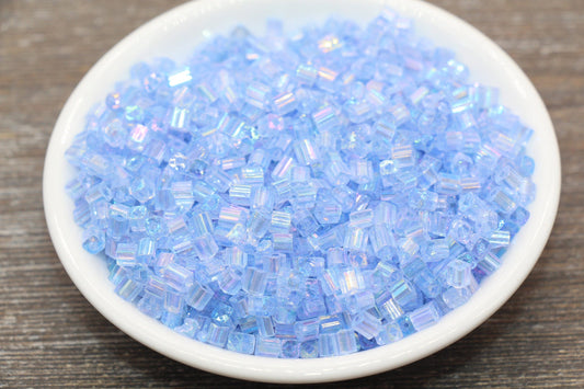 Iridescent Square Glass Beads, 4mm Cube Glass Beads, Sparkle Glass Bead, Transparent Ice Blue AB Square Seed Beads, Beading Supplies #2124