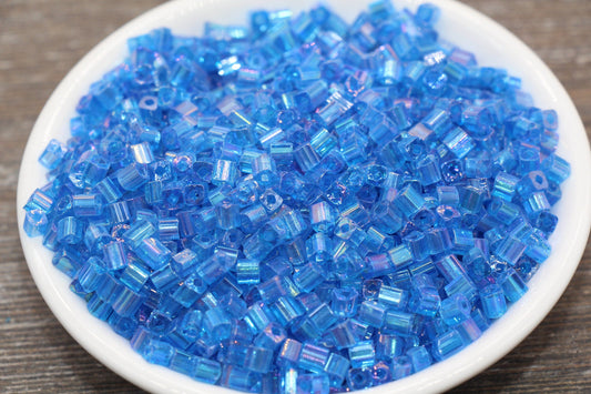 Iridescent Square Glass Beads, 4mm Cube Glass Beads, Sparkle Glass Beads, Transparent Blue AB Square Seed Beads, Beading Supplies #2113