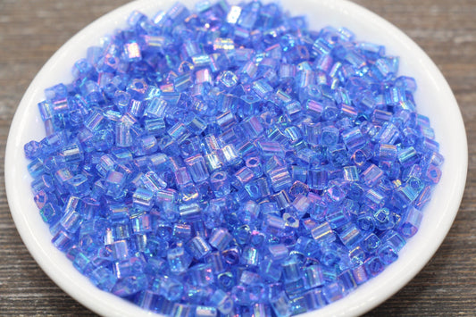 Iridescent Square Glass Beads, 4mm Cube Glass Beads, Sparkle Glass Beads, Transparent Blue AB Square Seed Beads, Beading Supplies #2123