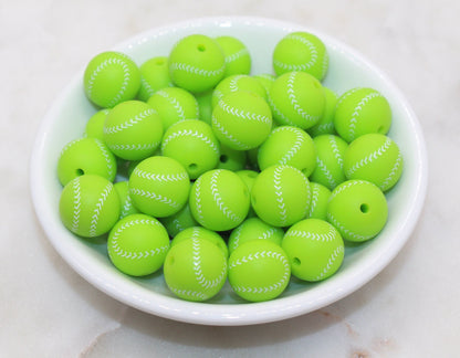 Tennis Ball Silicone Beads, Sports Print Silicone Beads, Round Sports Ball Beads, Chunky Beads, Silicone Beads #245