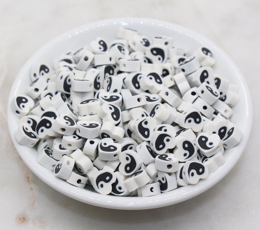 Yin Yang Polymer Clay Beads, White Yin-Yang Heart Shape Beads, Yin Yang Clay Beads, Jewelry Beads, Beads for Bracelet #257