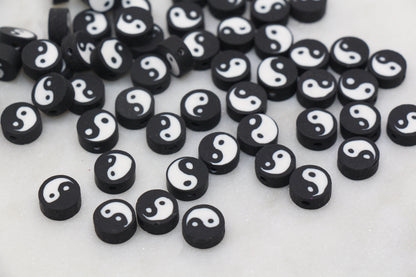 Yin Yang Polymer Clay Beads, Black with White Yin-Yang Beads, Yin-Yang Clay Beads, Round Clay Beads, Jewelry Beads, Beads for Bracelet #33