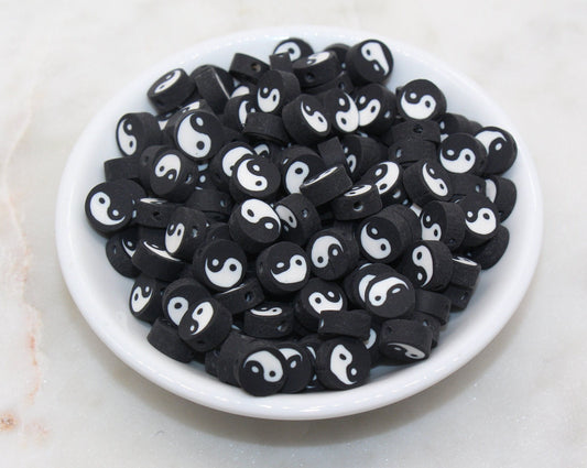 Yin Yang Polymer Clay Beads, Black with White Yin-Yang Beads, Yin-Yang Clay Beads, Round Clay Beads, Jewelry Beads, Beads for Bracelet #33