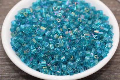 Iridescent Square Glass Beads, 4mm Cube Glass Beads, Sparkle Glass Beads, Transparent Teal AB Square Seed Beads, Beading Supplies #2121