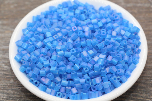 Matte Square Glass Seed Beads, 4mm Cube Glass Beads, Frosted Blue AB Square Seed Beads, Iridescent Glass Beads, Beading Supplies #2103