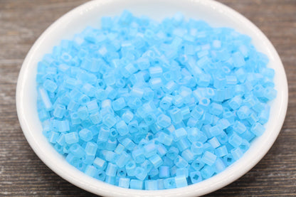 Matte Square Glass Seed Beads, 4mm Cube Glass Beads, Frosted Light Blue AB Square Seed Beads, Iridescent Glass Beads, Beading Supplies #2106