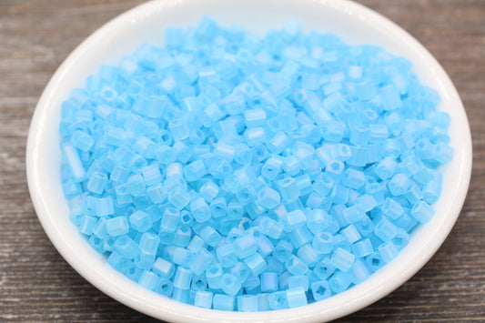 Matte Square Glass Seed Beads, 4mm Cube Glass Beads, Frosted Light Blue AB Square Seed Beads, Iridescent Glass Beads, Beading Supplies #2106