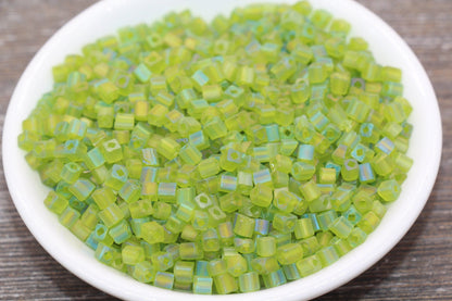 Matte Square Glass Seed Beads, 4mm Cube Glass Beads, Frosted Green AB Square Seed Beads, Iridescent Glass Beads, Beading Supplies #2104