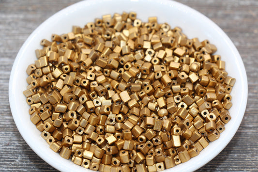 Square Glass Seed Beads, 4mm Cube Glass Beads, Gold Square Seed Beads, Opaque Beads, Beading Supplies #1239