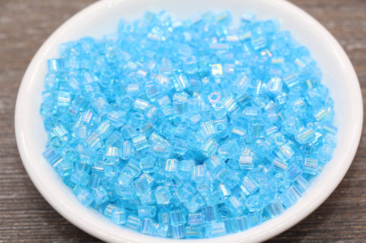 Iridescent Square Glass Beads, 4mm Cube Glass Beads, Sparkle Glass Beads, Transparent Light Blue AB Square Seed Beads, Beading Supplies#2114