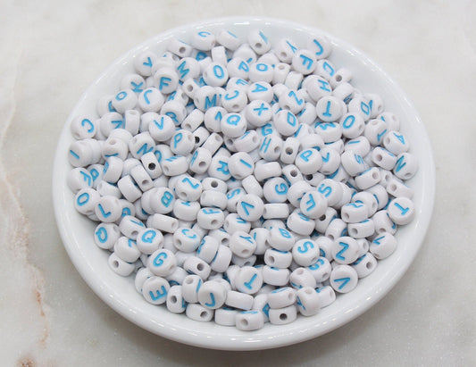 Blue Alphabet Letter Beads, Acrylic Blue with White Letters Beads, Round Acrylic Beads, Mix Letter Beads, Name Beads 7mm #751