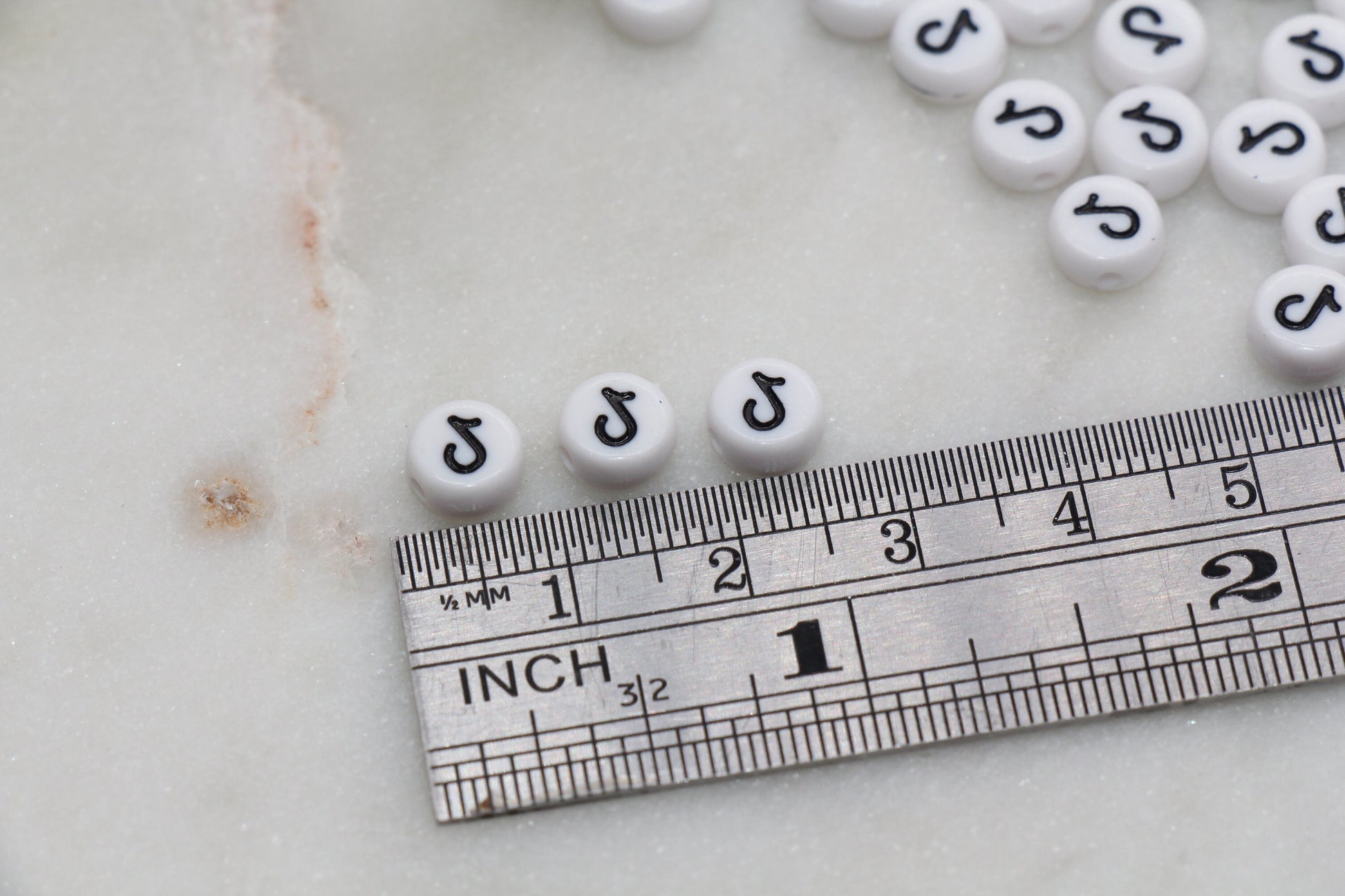 Tik Tok Beads, White Beads with Black Tik Tok, Flat Round Acrylic Beads, Size 7mm #177