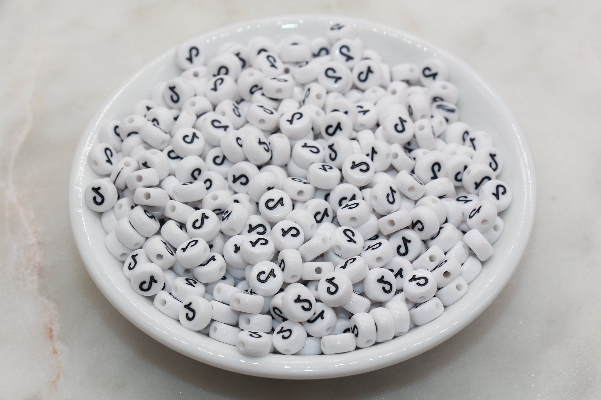 Tik Tok Beads, White Beads with Black Tik Tok, Flat Round Acrylic Beads, Size 7mm #177