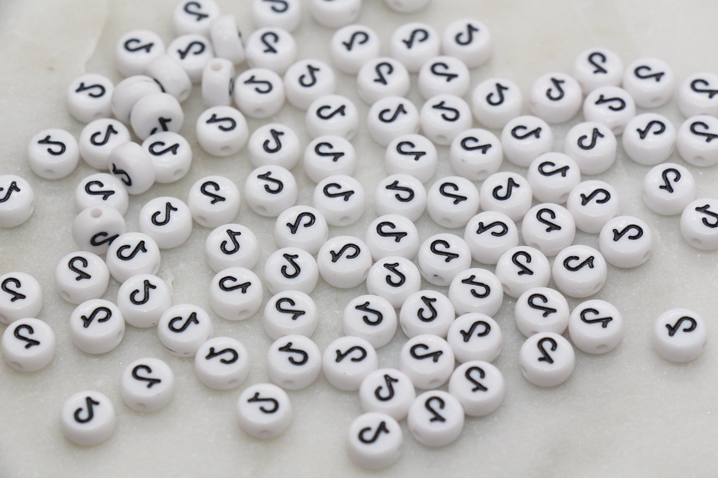 Tik Tok Beads, White Beads with Black Tik Tok, Flat Round Acrylic Beads, Size 7mm #177