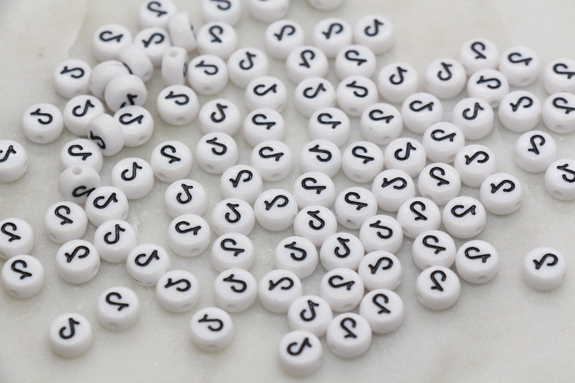Tik Tok Beads, White Beads with Black Tik Tok, Flat Round Acrylic Beads, Size 7mm #177
