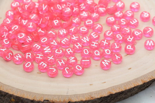 Pink Alphabet Letter Beads, Pink Transparent Beads with White Letters, Assorted Round Letter Beads, Name Initial Beads, Size 7mm #355