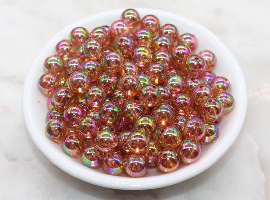 10mm Brown AB Round Beads, Iridescent Acrylic Gumball Beads, Transparent Round Spacer Beads, Bubblegum Beads, Plastic Round Bead #2665