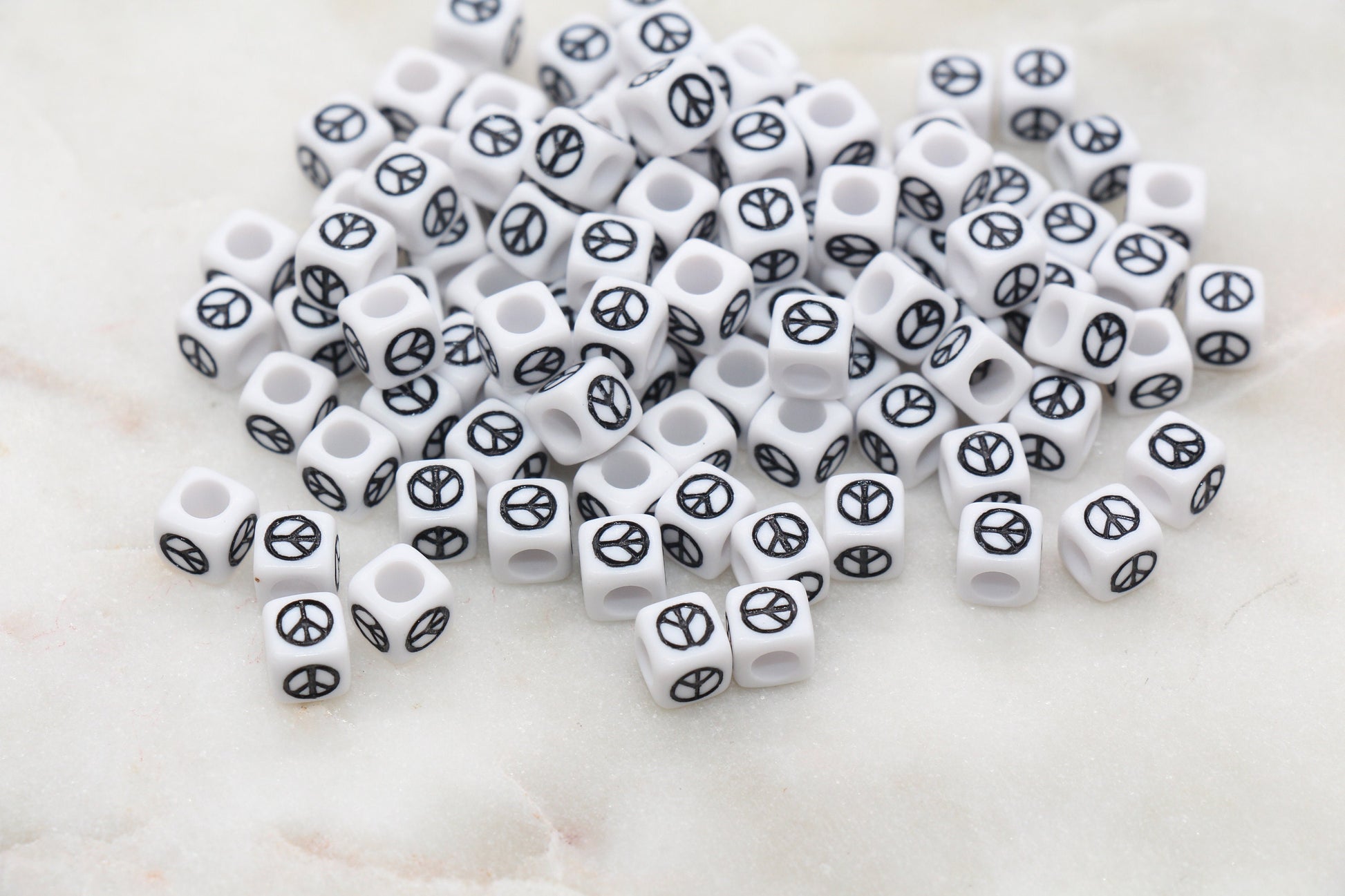 Cube Peace Beads, Acrylic White Peace Symbol Beads, White with Black Peace Beads, Acrylic Symbol Beads, Size 7mm #118