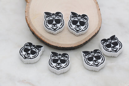 Bear Silicone Beads, Animal Themed Silicone Beads, Bear with Sunglasses Silicone Beads, Chunky Beads, Silicone Loose Beads #317