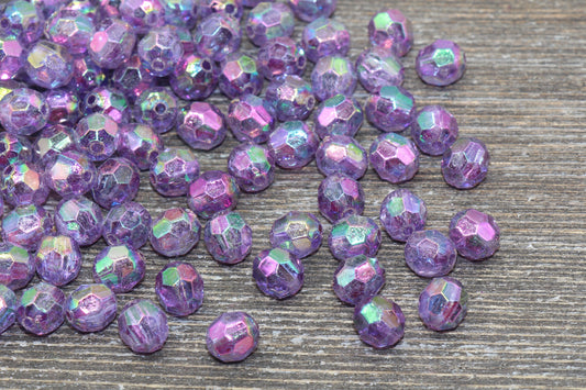 8mm Purple AB Faceted Gumball Beads, Purple Iridescent Faceted Acrylic Loose Beads, Bubblegum Beads, Star Cut Rainbow Beads #1261