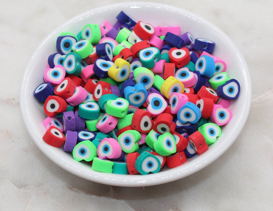 Heart Shape Evil Eye Polymer Clay Beads, Multicolored Evil Eye Fimo Cane Beads, Assorted Evil Eye Beads, Rainbow Evil Eye Slice Beads #304