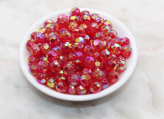 10mm Red AB Faceted Gumball Beads, Iridescent Faceted Round Acrylic Loose Beads, Bubblegum Beads, Star Cut Rainbow Beads#895