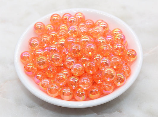 10mm Coral Orange AB Round Beads, Iridescent Acrylic Gumball Beads, Transparent Round Spacer Beads, Bubblegum Beads, Plastic Round Bead #254