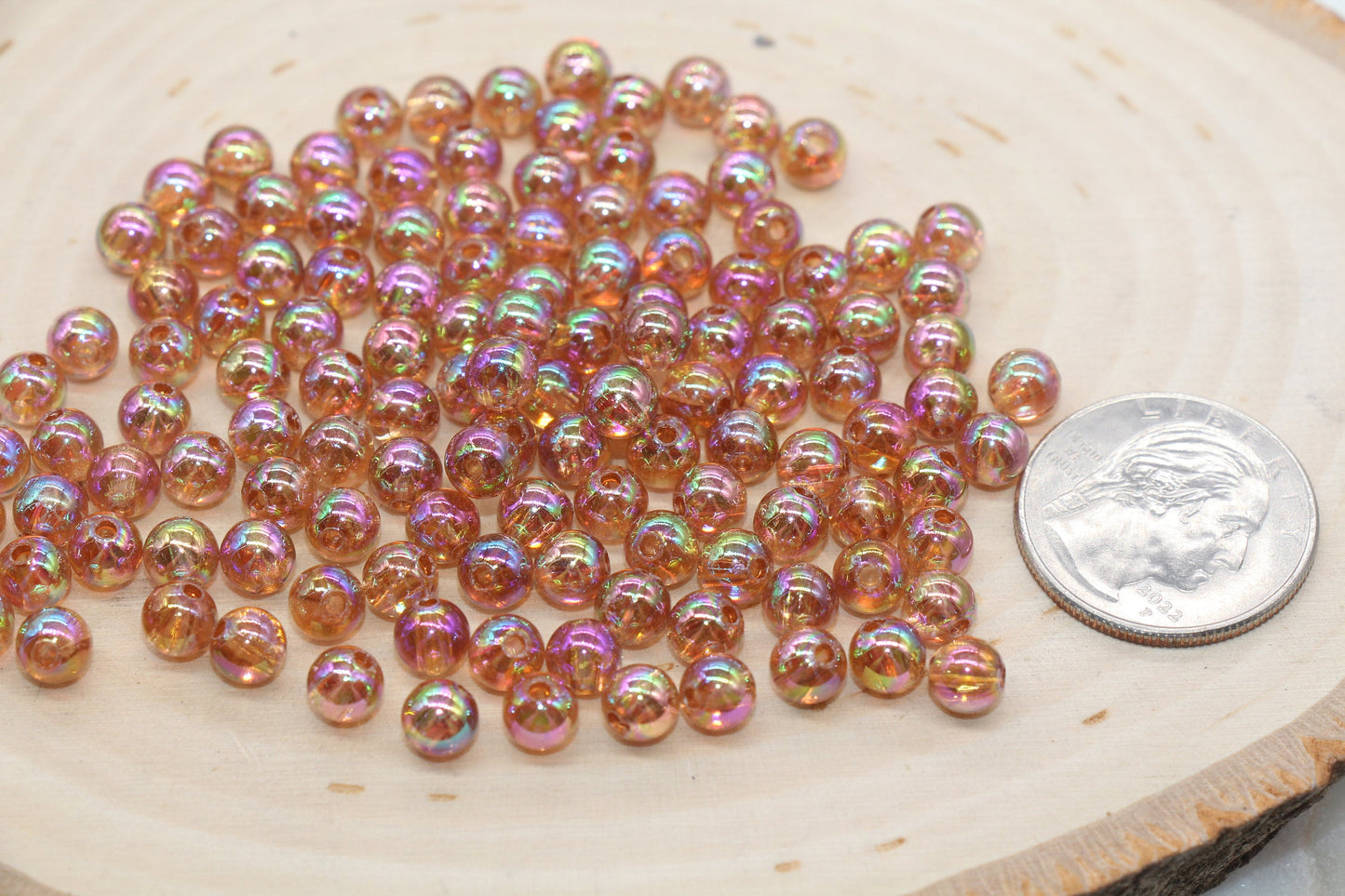 6mm Brown AB Round Beads, Iridescent Acrylic Gumball Beads, Transparent Round Spacer Beads, Bubblegum Beads, Plastic Round Bead #2663