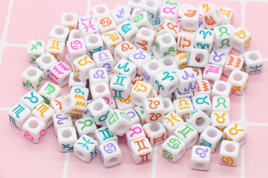 Multicolor Zodiac Cube Beads, White Zodiac Acrylic Cube Beads, Acrylic Square Beads, Size 7mm #195