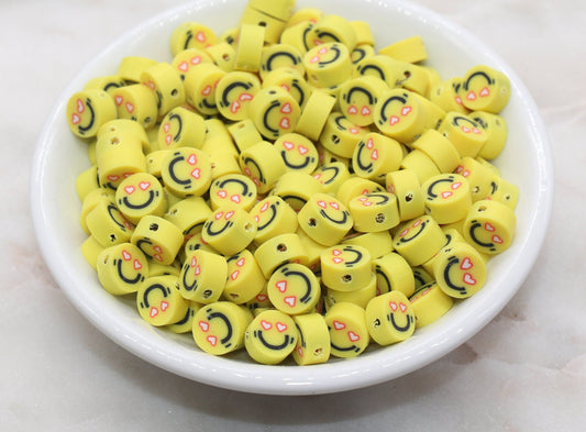 Emoji Polymer Clay Beads, Emoji Fimo Cane Beads, Heart-Shaped Eyes Emoji Beads, Smiley Face Beads, Facial Expression Beads #331