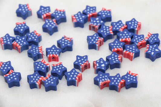 Patriotic American Flag Clay Beads, United States Flag Polymer Clay Beads, US Flag Beads, Star Shape Clay Beads, Jewelry Beads #319