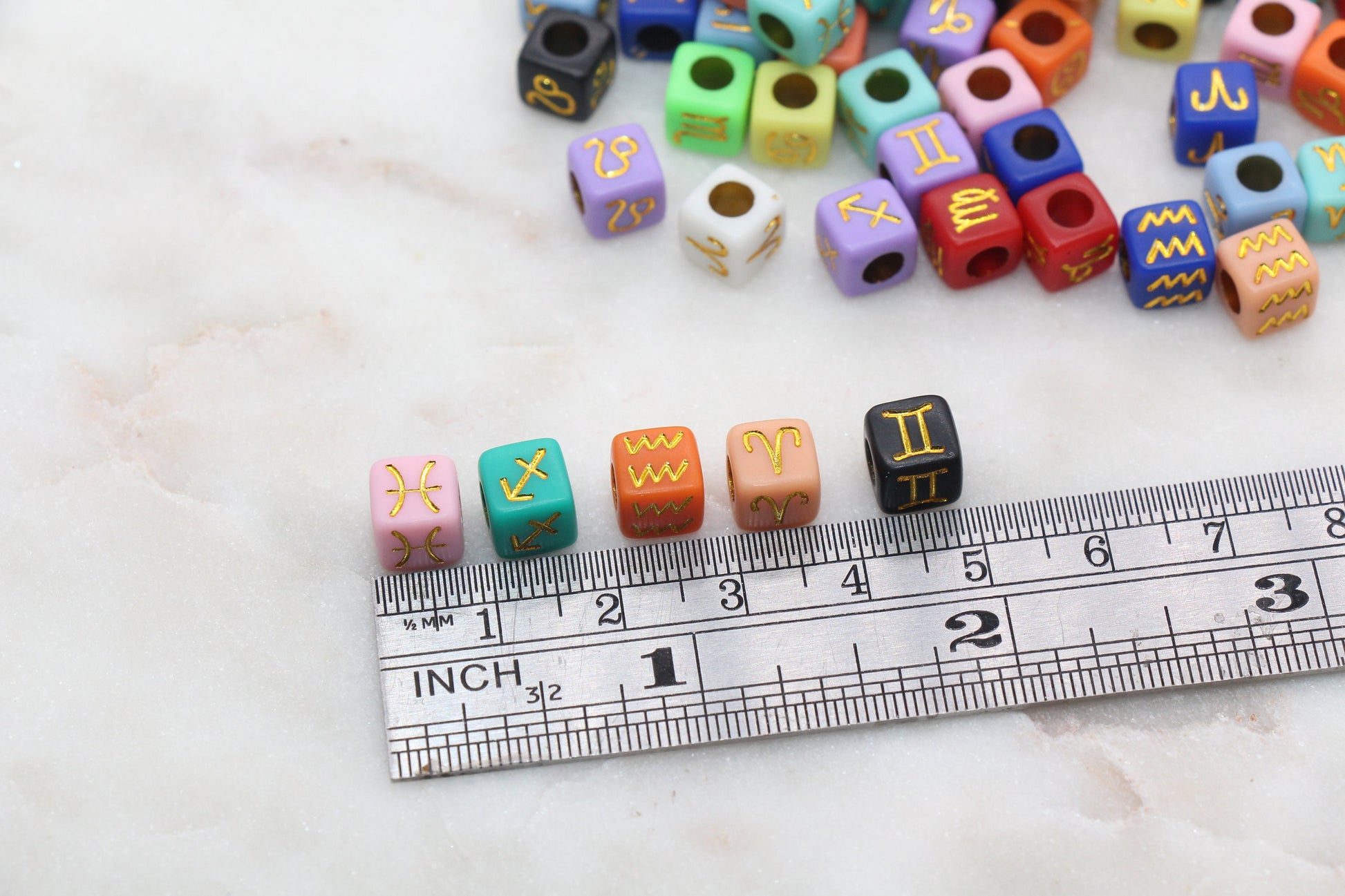 Gold Zodiac Symbol Beads, Zodiac Cube Beads, Multicolor Zodiac Acrylic Cube Beads, Acrylic Square Beads, Bracelet Beads, Size 7mm #163