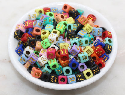 Gold Zodiac Symbol Beads, Zodiac Cube Beads, Multicolor Zodiac Acrylic Cube Beads, Acrylic Square Beads, Bracelet Beads, Size 7mm #163