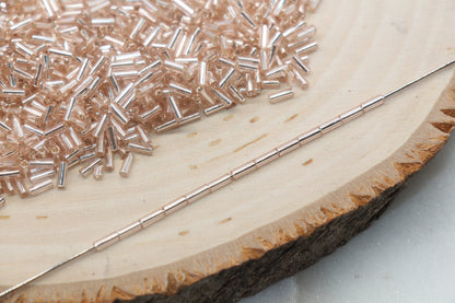 Tube Shape Glass Seed Beads, Rose Gold Tube with Silver Lined Bugle Beads, Size 4mm Beading Supplies #2751