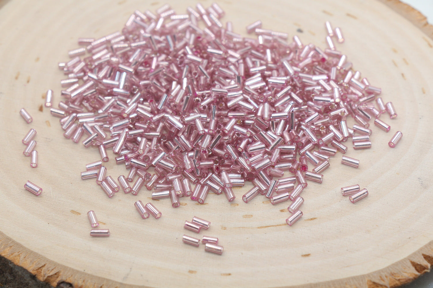 Tube Shape Glass Seed Beads, Pink Tube with Silver Lined Bugle Beads, Size 4mm Beading Supplies #2754