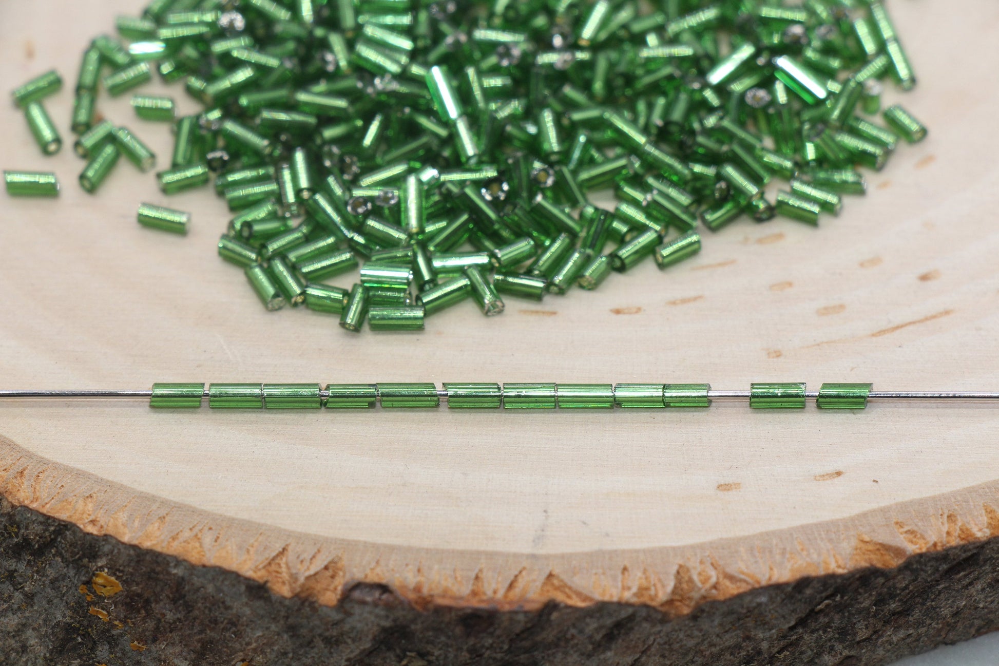 Tube Shape Glass Seed Beads, Green Tube with Silver Lined Bugle Beads, Size 4mm Beading Supplies #2755