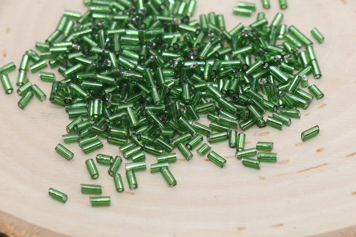 Tube Shape Glass Seed Beads, Green Tube with Silver Lined Bugle Beads, Size 4mm Beading Supplies #2755