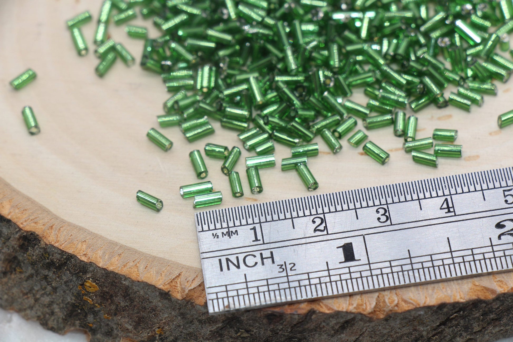 Tube Shape Glass Seed Beads, Green Tube with Silver Lined Bugle Beads, Size 4mm Beading Supplies #2755