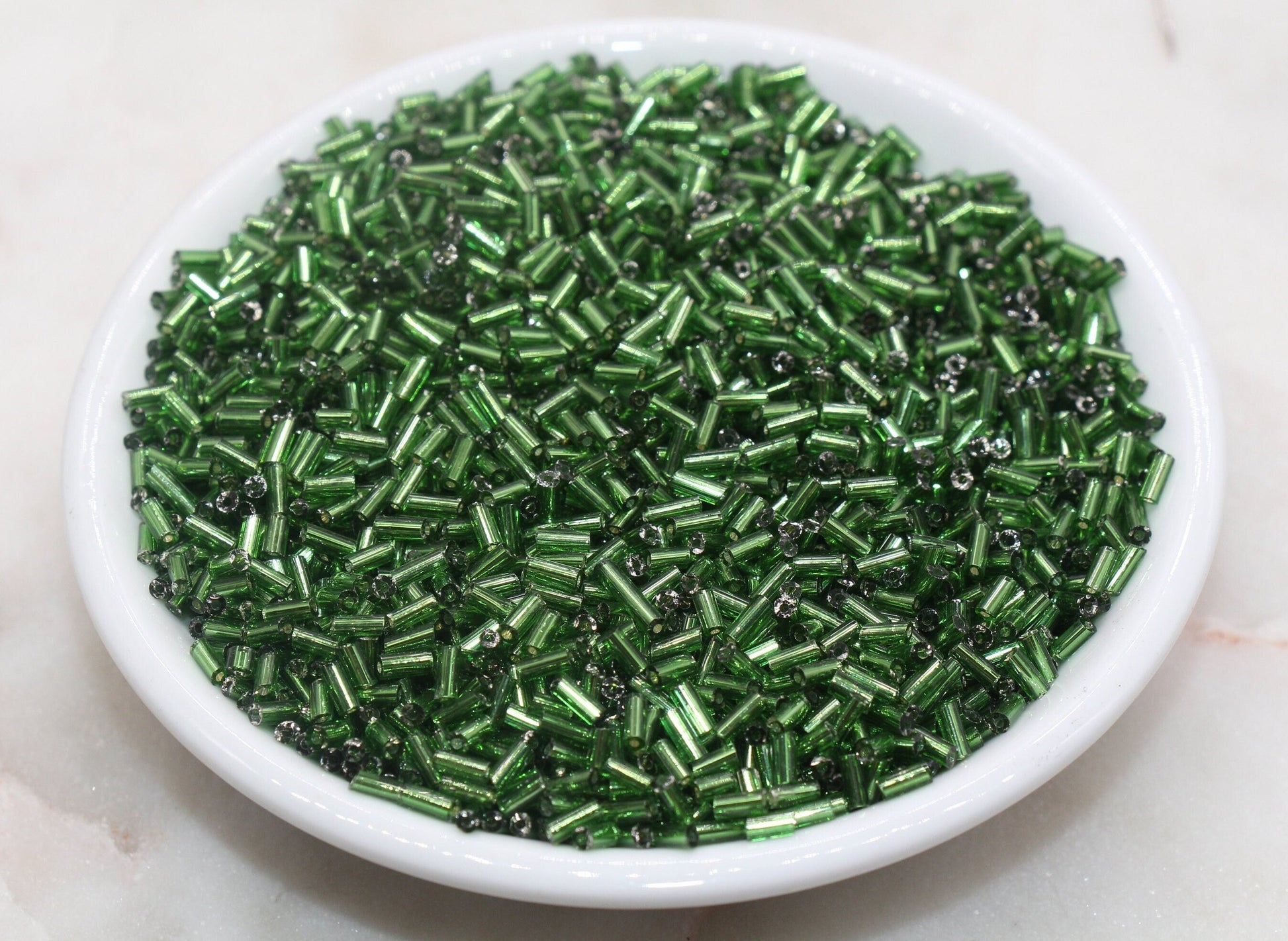 Tube Shape Glass Seed Beads, Green Tube with Silver Lined Bugle Beads, Size 4mm Beading Supplies #2755