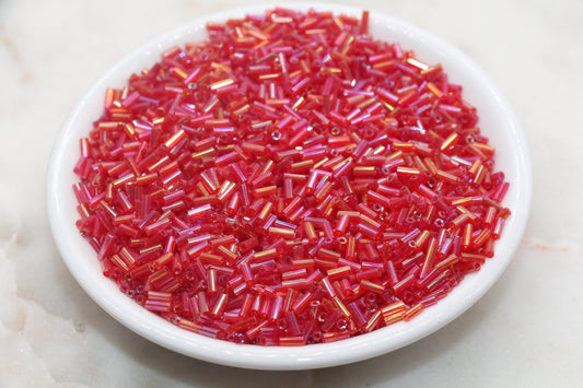 Red AB Bugle Beads, perfect for embellishing clothing, accessories, and craft projects.