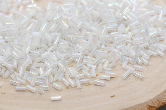 Tube Shape Glass Seed Beads, White AB Tube Bugle Beads, Iridescent Tube Glass Beads, Size 4mm Beading Supplies #2762