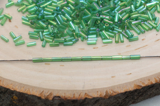 Tube Shape Glass Seed Beads, Green AB Tube Bugle Beads, Iridescent Tube Glass Beads, Size 4mm Beading Supplies #2765