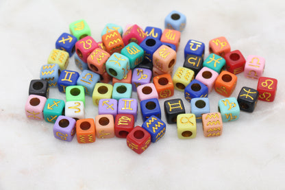 Gold Zodiac Symbol Beads, Zodiac Cube Beads, Multicolor Zodiac Acrylic Cube Beads, Acrylic Square Beads, Bracelet Beads, Size 7mm #163