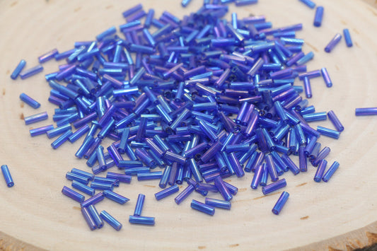 Tube Shape Glass Seed Beads, Blue AB Tube Bugle Beads, Iridescent Tube Glass Beads, Size 6mm Beading Supplies #2766