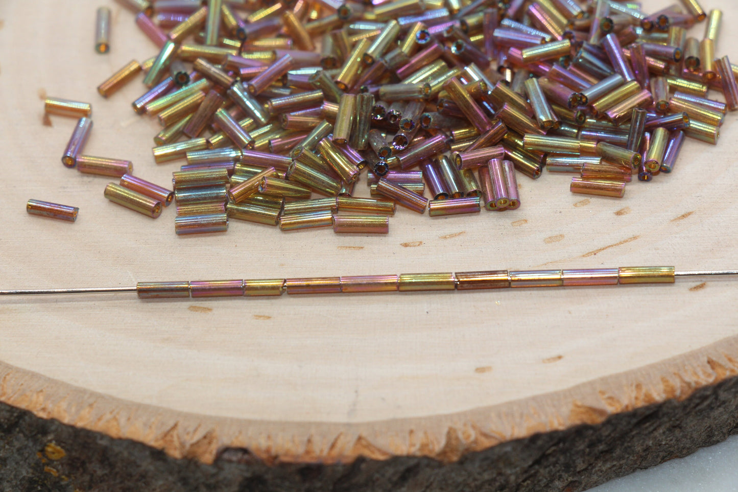 Tube Shape Glass Seed Beads, Brown AB Tube Bugle Beads, Iridescent Tube Glass Beads, Size 6mm Beading Supplies #2768