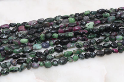 Ruby in Zoisite Beads, Green and Black Gemstone Nugget Beads, Loose Beads, Pebble Nugget Beads, Size 6mm - 8mm #48